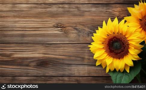 Beautiful sunflowers on wooden background. Top view with copy space