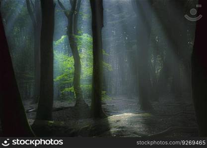Beautiful Sunny Silhouetted Forest with Sunbeams through Fog. Sunbeams shine through canopy of foggy green forest