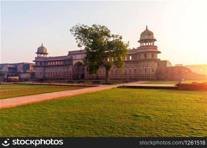 Beautiful sunrise in Agra Fort, courtyard view, India.. Beautiful sunrise in Agra Fort, courtyard view, India