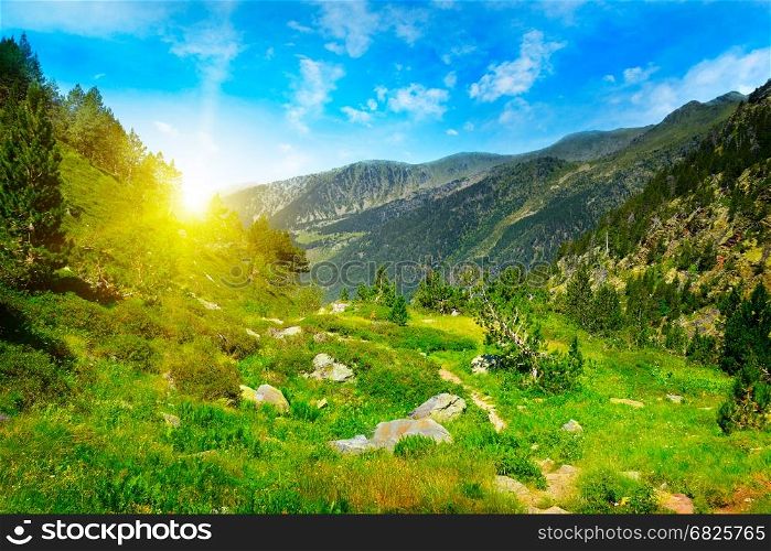 Beautiful sunrise in high mountains and blue sky, Andorra, Pyrenees