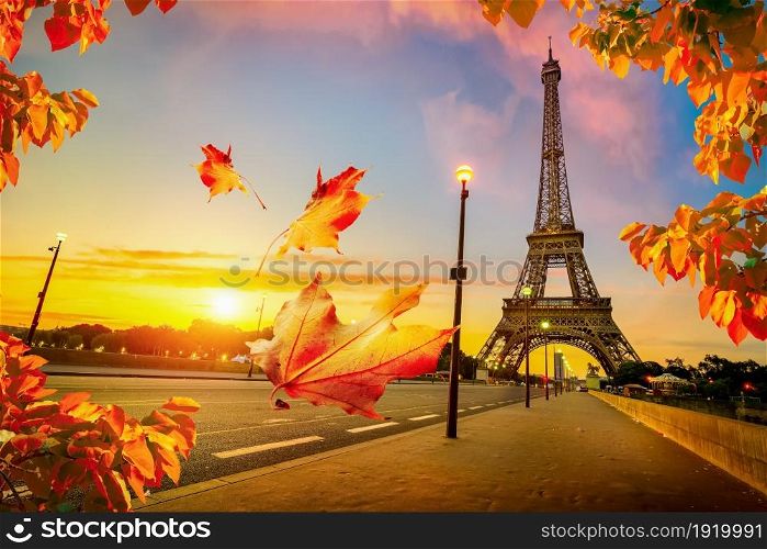 Beautiful sunrise in Paris, with Eiffel Tower. Beautiful autumn in Paris