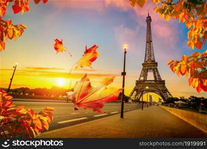 Beautiful sunrise in Paris, with Eiffel Tower. Beautiful autumn in Paris