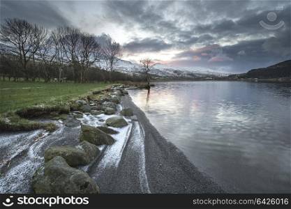 Beautiful sunrise landscape image in Winter of Llyn Cwellyn in Snowdonia National Park with snow capped mountains in background