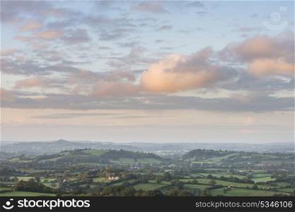 Beautiful sunrise landscape over Somerset Levels in English countryside