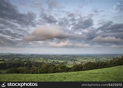 Beautiful sunrise landscape over Somerset Levels in English countryside
