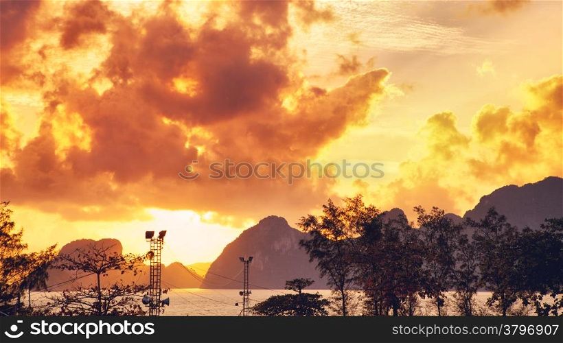 beautiful sunrise over mountain shore, samui, thailand