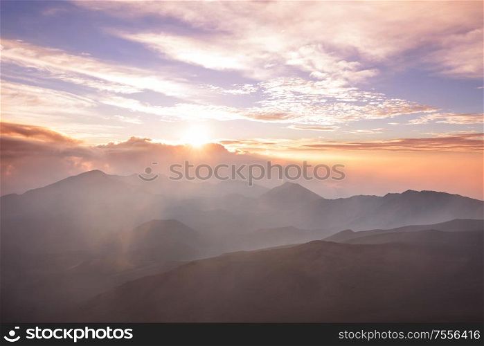 Beautiful sunrise scene on Haleakala volcano, Maui island, Hawaii