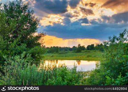 Beautiful sunset above lake in the green forest