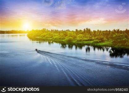 Beautiful sunset and sky on evening at river for background texture design or concept,And then beauty nature travel in Samut Sakhon Thailand