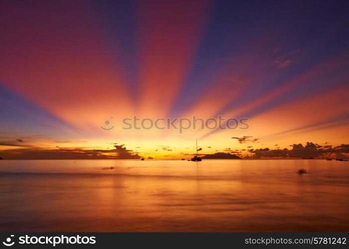 Beautiful sunset at Seychelles beach, Mahe