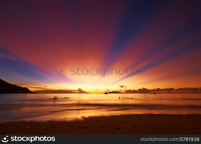 Beautiful sunset at Seychelles beach, Mahe