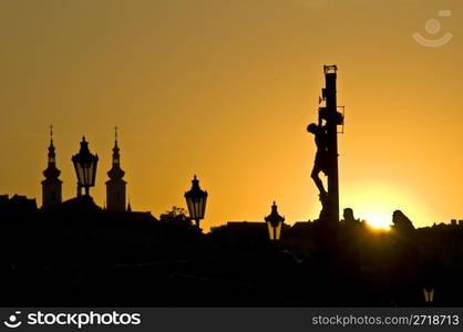 beautiful sunset at the Charles bridge in Prague