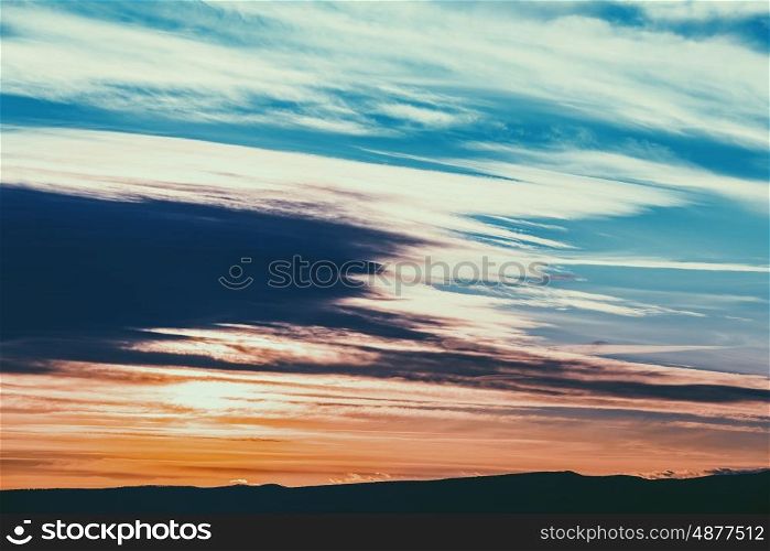 Beautiful Sunset Cloudy Sky Over Mountains