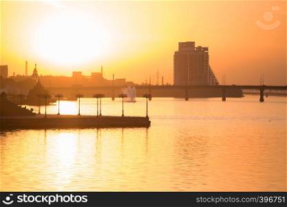 beautiful sunset in the city of the Dnipro. Ukraine