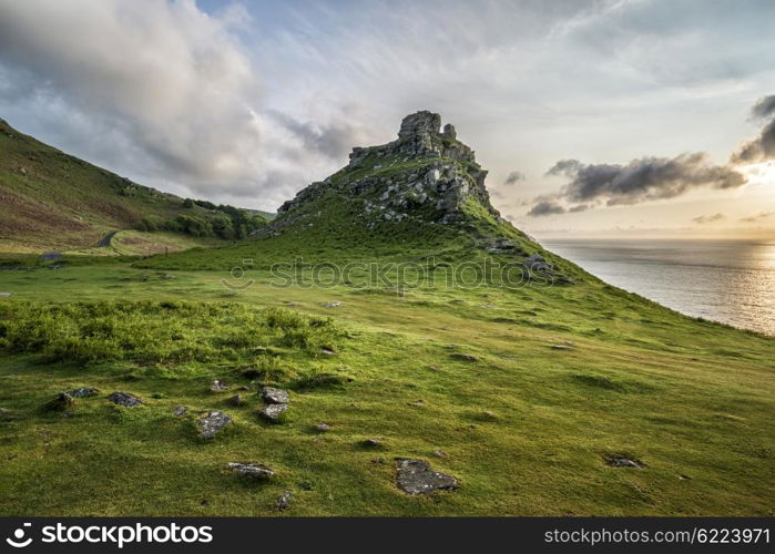 Beautiful sunset landscape image of Valley of The Rocks in Devon England