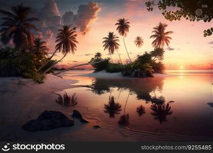 beautiful sunset landscape with palm trees. tropical background. Neural network AI generated art. beautiful sunset landscape with palm trees. tropical background. Neural network generated art