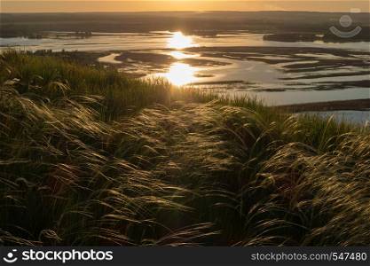 Beautiful sunset landscape with waving grass on the hill and the lake in the background.. Beautiful sunset landscape with waving grass on the hill and the lake in the background