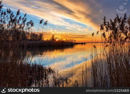 Beautiful sunset light over lake Balaton of Hungary