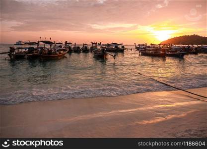 Beautiful sunset long-tail boat Koh Lipe Beach Thailand ,Summer vacation