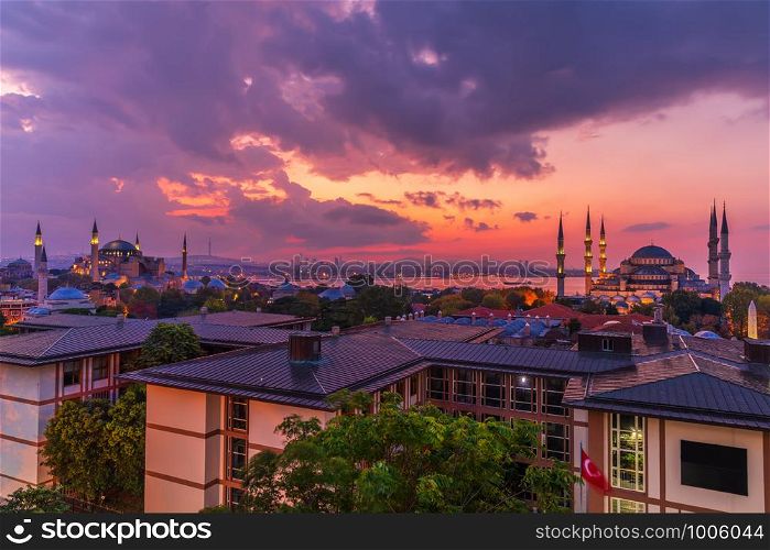 Beautiful sunset over the Hagia Sophia and the Blue Mosque, Istanbul panorama.