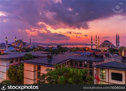 Beautiful sunset over the Hagia Sophia and the Blue Mosque, Istanbul panorama.