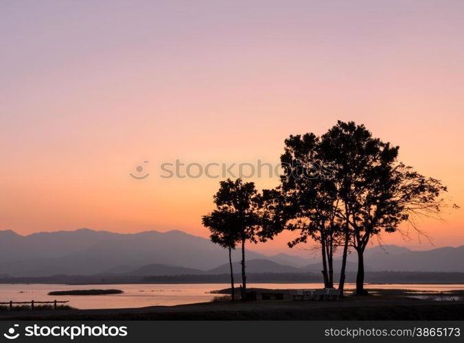 Beautiful sunset over the mountain with silhouette tree