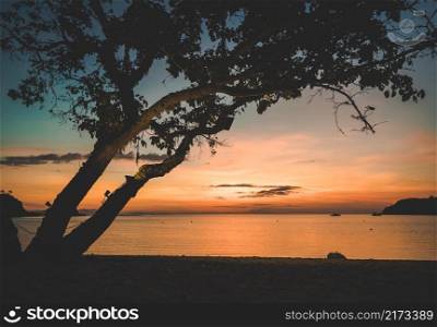 Beautiful sunset over the sea with a view at silhoutte tree. Travel, vacation, holidays background. Bali island, Indonesia. Beautiful sunset over sea. Bali island, Indonesia