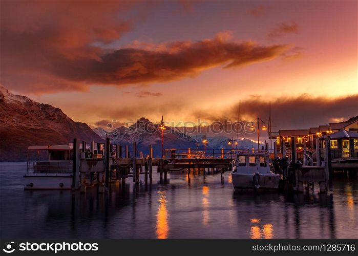 beautiful sunset sky at queenstown port one of most popular traveling destination in southland new zeland