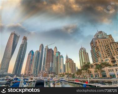 Beautiful sunset skyline of Dubai Marina, United Arab Emirates.