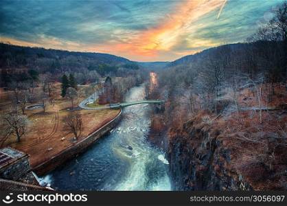 Beautiful sunset view from Crotor dam of New York city at day. Beautiful sunset