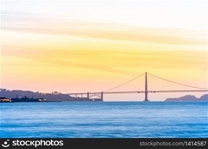 Beautiful sunset with Golden Gate bridge and San Francisco Bay landscape in North California USA West Coast of Pacific Ocean, San Francisco United States Landmark Travel Destination cityscape concept.