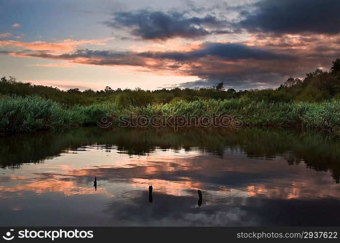 Beautiful sunsey sky reflected in Autumn Fall lake