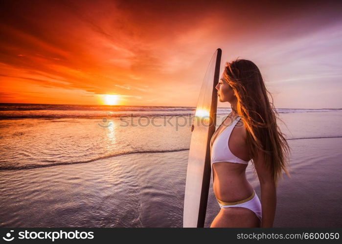 Beautiful surfer woman on the beach at sunset. Surfer woman on beach at sunset