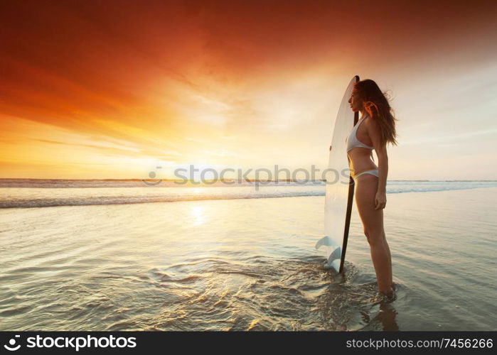 Beautiful surfer woman on the beach at sunset. Surfer woman on beach at sunset