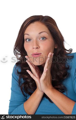 Beautiful surprised brown hair woman on white background