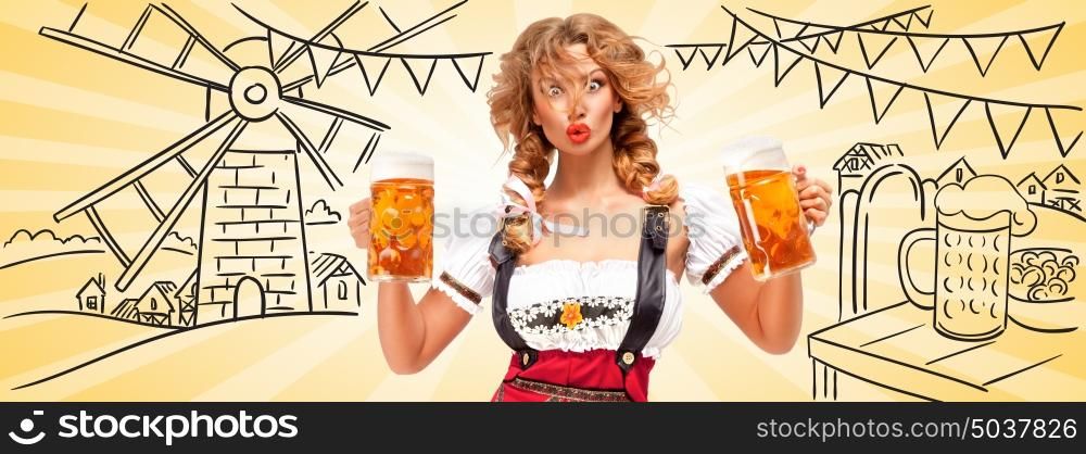 Beautiful surprised sexy woman wearing red jumper shorts with suspenders as traditional dirndl, holding two beer mugs against sketchy Oktoberfest and a mill. Facebook size format.