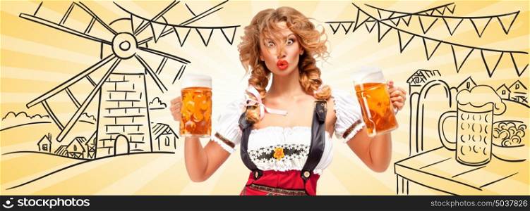 Beautiful surprised sexy woman wearing red jumper shorts with suspenders as traditional dirndl, holding two beer mugs against sketchy Oktoberfest and a mill. Facebook size format.