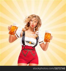 Beautiful surprised sexy woman wearing red jumper shorts with suspenders as traditional dirndl, holding two beer mugs on colorful abstract cartoon style background.