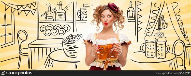 Beautiful surprised woman wearing a traditional Bavarian dress dirndl serving two beer mugs and making grimaces on sketchy Oktoberfest tavern background. Facebook size format.