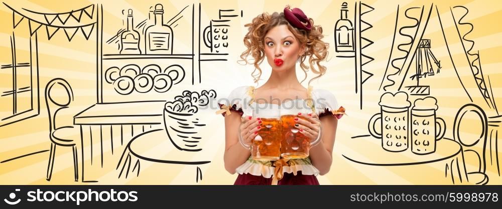 Beautiful surprised woman wearing a traditional Bavarian dress dirndl serving two beer mugs and making grimaces on sketchy Oktoberfest tavern background. Facebook size format.