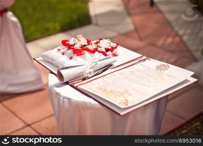 Beautiful table for a registatsiya of wedding outdoors.
