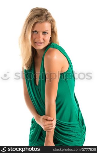 Beautiful tall blonde woman in a short green dress