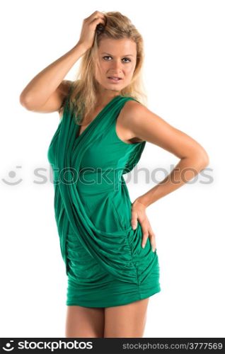 Beautiful tall blonde woman in a short green dress