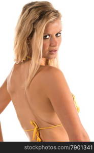 Beautiful tall blonde woman in a yellow bikini