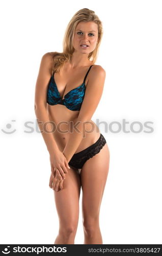 Beautiful tall blonde woman in black and blue lingerie