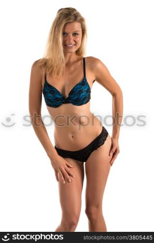 Beautiful tall blonde woman in black and blue lingerie
