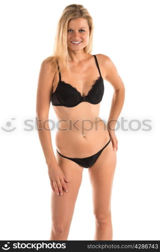 Beautiful tall blonde woman in black lingerie