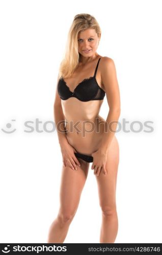 Beautiful tall blonde woman in black lingerie