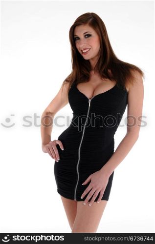 Beautiful tall brunette in a short black dress