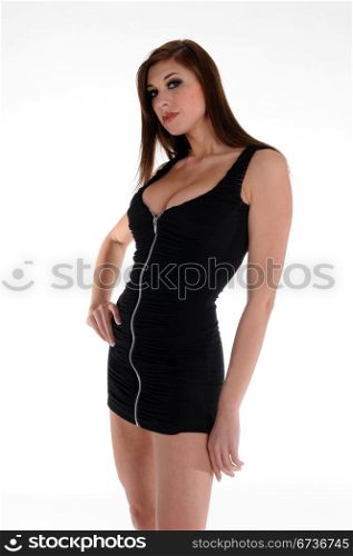 Beautiful tall brunette in a short black dress